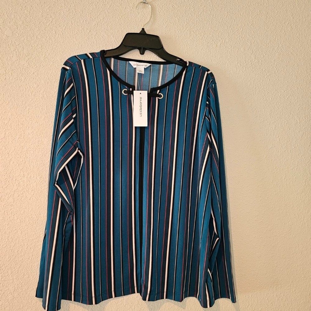 NWT LIZ CLAIBORNE Petite XL Blouse Shirt Top Multi Color Stripe Stretchy V-Neck - Picture 4 of 4